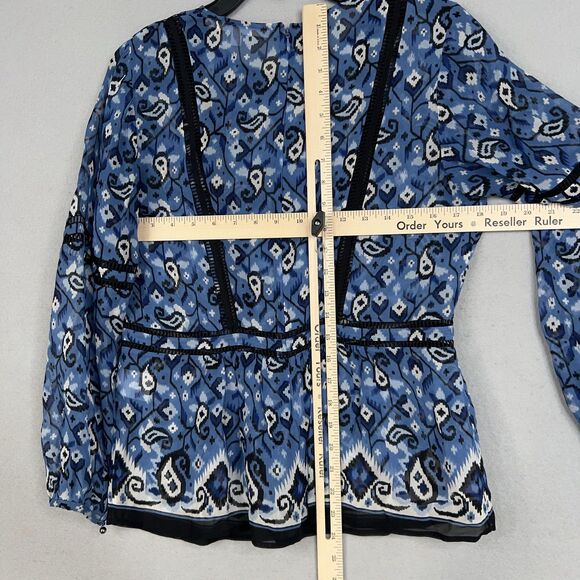 Veronica Beard Blouse Womens 8 Blue Silk Cabo Boho Top Peplum Lace Luxury - Picture 11 of 15